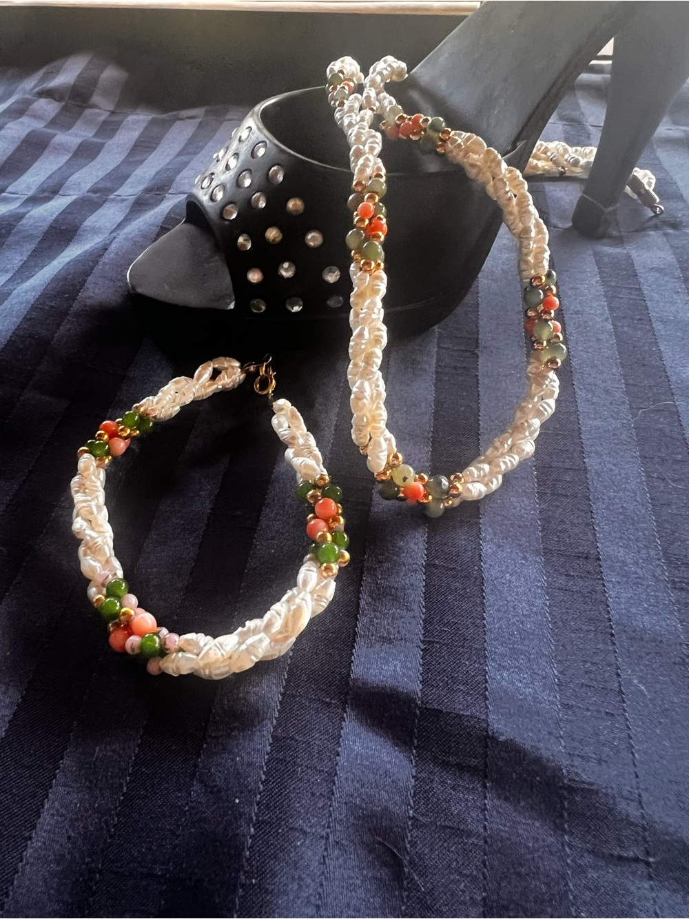 Handmade Cream Pearl Rope Necklace and Bracelet Set with Coral & Green Beads